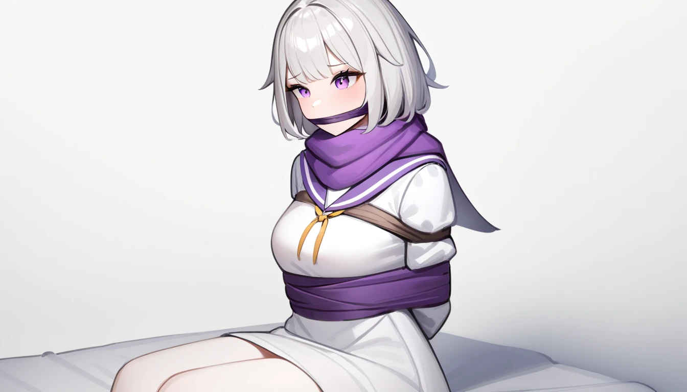 ,bkornblume,1girl,solo,simple background,white background,nai3,masterpiece, best quality, very aesthetic, absurdres, white dress, white skirt, purple scarf, white cape, sailor collar, sitting on bed, tied up, otm gag, upper body,