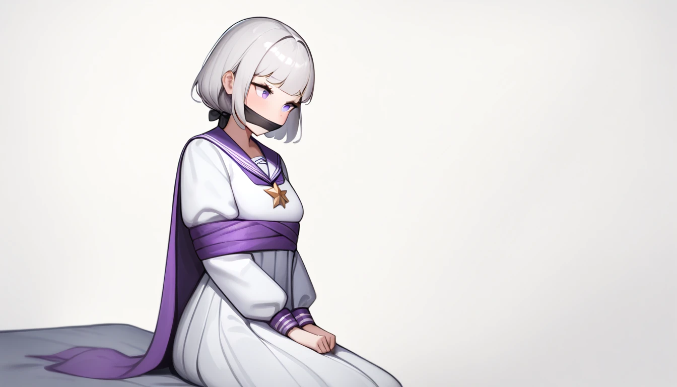 ,bkornblume,1girl,solo,simple background,white background,nai3,masterpiece, best quality, very aesthetic, absurdres, white dress, white skirt, purple scarf, white cape, sailor collar, sitting on bed, tied up, otm gag, upper body,