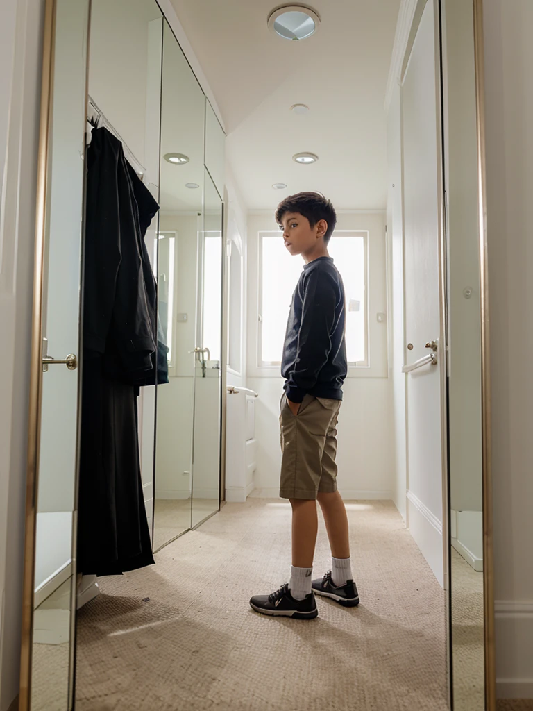 boy, stands near the mirror building