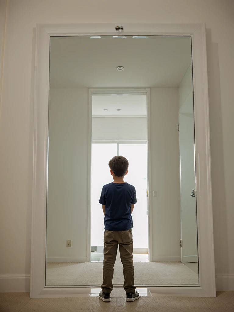 boy, stands near the mirror building
