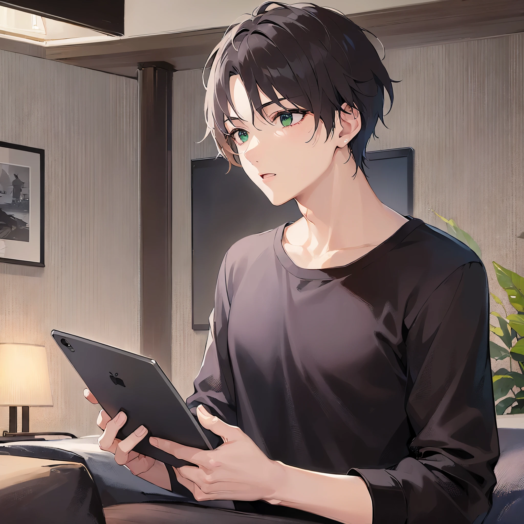 (25-year-old male:1.5) and (Brown short hair) and (Green Eyes),(looking away:1.5),upper body,shiny skin,masterpiece、Highest quality、serious,The background is the living room at night,(alone:1.5)、Sitting、Wearing a black shirt、(handling_smart_phone, smart_phone:1.2)