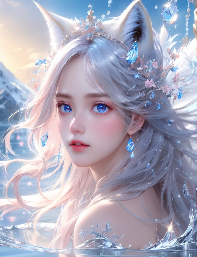 (masterpiece,Highest quality:1.5),masterpiece, Highest quality, Official Art, Very detailed CG 8K 壁紙, (Fluttering petals) (Detailed ice) , crystal texture skin, Cold look, ((Fox Ears)), Gray Hair, Long Hair, Messy Hair, blue eyes, View your viewers, Very delicate and beautiful, water, ((Detailed eye of beauty)), Very detailed, Cinema Lighting, ((Beautiful Face), fine water surface, (Original Portraits), Super detailed, Incredibly detailed, (an Very delicate and beautiful), Beautiful Eyes, Upper Body，whole body，Eye details, mysterious，手に小さなwater晶玉を持つ,upper body,from front
