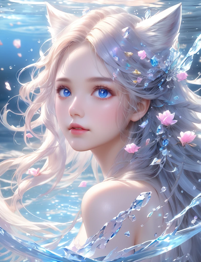 (masterpiece,Highest quality:1.5),masterpiece, Highest quality, Official Art, Very detailed CG 8K 壁紙, (Fluttering petals) (Detailed ice) , crystal texture skin, Cold look, ((Fox Ears)), Gray Hair, Long Hair, Messy Hair, blue eyes, View your viewers, Very delicate and beautiful, water, ((Detailed eye of beauty)), Very detailed, Cinema Lighting, ((Beautiful Face), fine water surface, (Original Portraits), Super detailed, Incredibly detailed, (an Very delicate and beautiful), Beautiful Eyes, Upper Body，whole body，Eye details, mysterious，手に小さなwater晶玉を持つ,upper body,from front