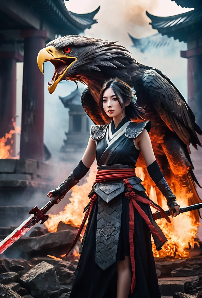a blood girl, and a huge fire eagle, made of smoke, wearing a warrior outfit complete with armor floating around the ruins of an ancient temple, inspired by Japanese gods, carrying a huge divine sword, temple background, Japan, dark, horror vibes, , smoke , fire , big add some big snakes behind , Japanese mythical god , evil smile , crazy eyes , blindfold , fuji color , high detail , high quality , accurate