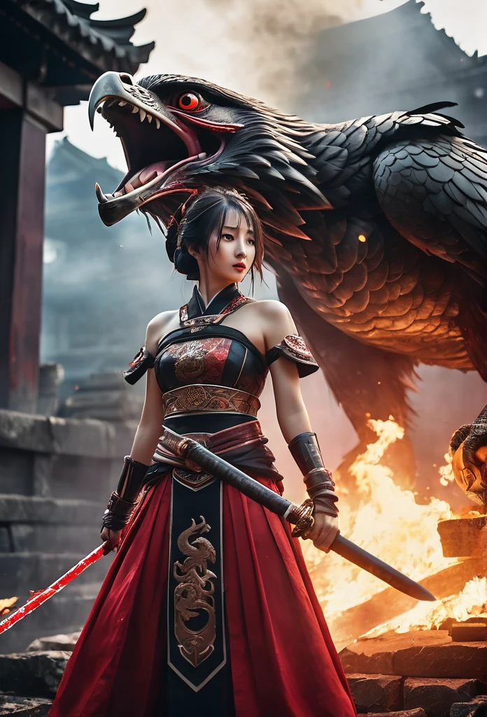a blood girl, and a huge fire eagle, made of smoke, wearing a warrior outfit complete with armor floating around the ruins of an ancient temple, inspired by Japanese gods, carrying a huge divine sword, temple background, Japan, dark, horror vibes, , smoke , fire , big add some big snakes behind , Japanese mythical god , evil smile , crazy eyes , blindfold , fuji color , high detail , high quality , accurate