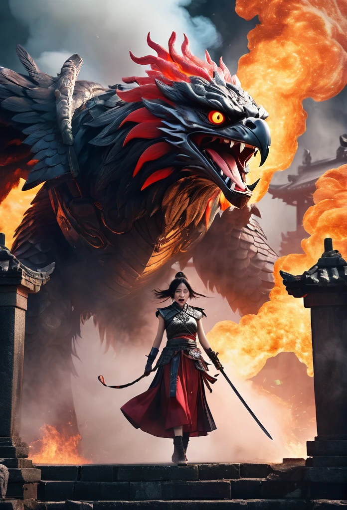 a blood girl, and a huge fire eagle, made of smoke, wearing a warrior outfit complete with armor floating around the ruins of an ancient temple, inspired by Japanese gods, carrying a huge divine sword, temple background, Japan, dark, horror vibes, , smoke , fire , big add some big snakes behind , Japanese mythical god , evil smile , crazy eyes , blindfold , fuji color , high detail , high quality , accurate
