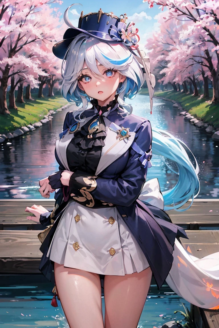 masterpiece, best quality, Extremely detailed, sparkling, Glowing lights, Ray Tracing, HDR, Depth of Field, (Perfect face, Delicate face, Delicate eyes,Perfect hand breasts:0.7),8K,HD,hyper realistic face,Ray Tracing,Perfect lighting,best quality, Extremely detailed, Shining eyes, (Looking at the audience,Open your mouth微笑:1.1), ((1 Girl)), (Mature female:1.4),Cowboy shooting,thigh,Throw,
Forrina,Long hair,Hair covering one eye,((Gradient hair)),Colorful eyes, Gradient eyes, (Glowing eyes:1.5), mascara, (Fashion Makeup), Open your mouth,blush, Medium breasts,Hat Flower,
((Central Japan Countryside,Nihonbashi,Crossing the Bridge,river,Cherry tree,Cherry blossom petals,Deep blue sky,Koi on river)),(Complex background, There are many elements in the background:1.2),((Ultra detailed background)), posture, ((8K wallpaper)),，Show your underwear