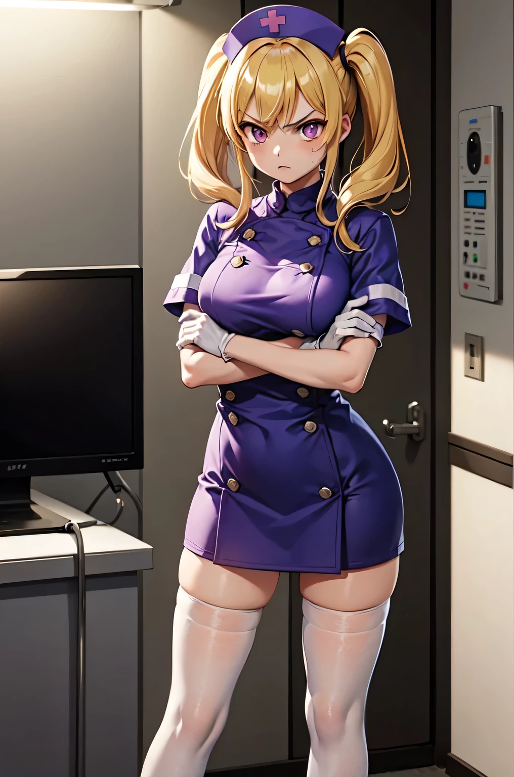 1girl, solo, nurse, nurse cap, white nurse uniform, ((white legwear, zettai ryouiki)), white gloves, twintails, yellow hair, purple eyes, angry, crossed arms, standing, ((hospital room)), sharp outline, short sleeves, best quality, masterpiece