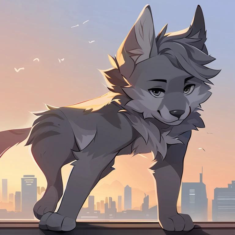 Solo, male, furry art, fursona, ((canine)), (((grey primary fur))), white secondary, (perky ears), cool pose, city background, amazing art, masterfully executed, beautiful background, normal body, paws.