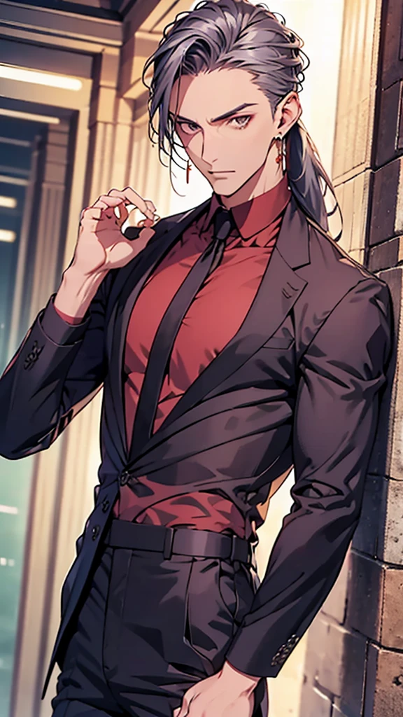 Adult man, ponytail, red and gold mosaic shirt, silver earrings