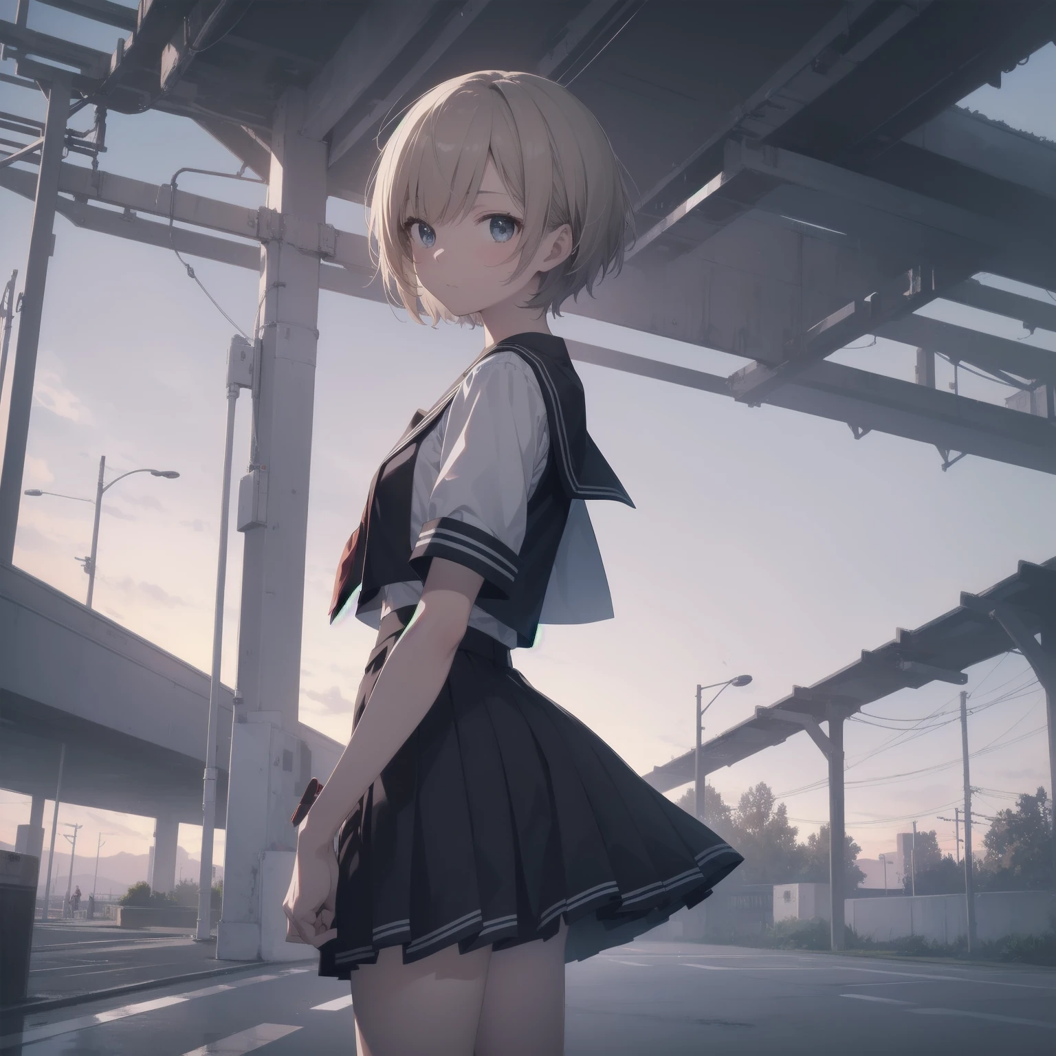ultra-absurdres-Top quality by artist God, ultra-detailed, high resolution, anime moe artstyle, best anime 8k konachan wallpaper, pixiv contest winner, pool:2810, perfect anatomy,break, 1girl, (Please draw a girl walking sleepily to school alone. )break,(Solo,little female, 13-year-old:1.3),Full limbs, complete fingers,a junior high school student, (very short hair), short cut, flat chest, , small butt, small black eyes, beautiful detailed eyes, well-proportioned iris and pupils, expressive eyes, highres detailed hair, soft expression, salor school_uniform, sailor collar, serahuku, bow, pleated skirt,(Detailed Lighting), (Detailed background), in the School commute route. break,super detailed skin, Best cinematic lighting powered by famous artist, 8k,beauty illustration,photoshop_(medium),very aesthetic,break,((artist:kitsunerider  )), artist:clamp ,artist:carnelian ,artist:kantoku ,
