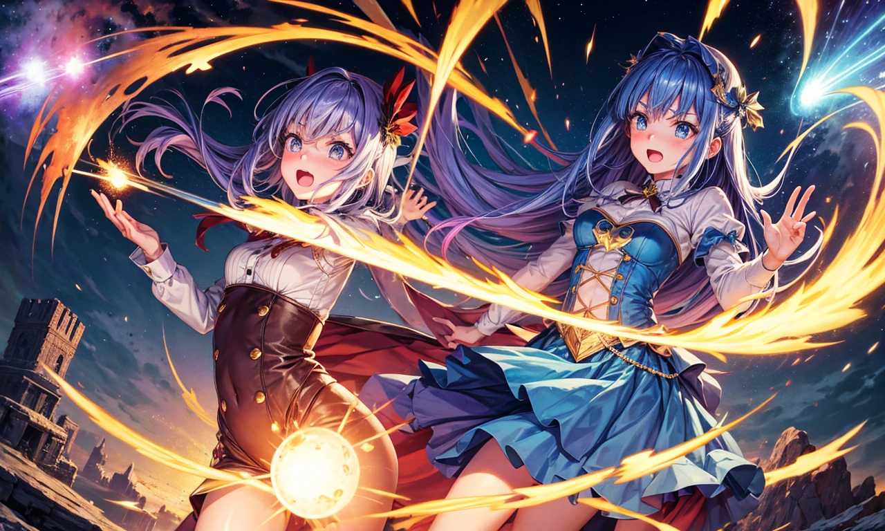 Magician girl with surprised expression tripped by meteor vortex magic