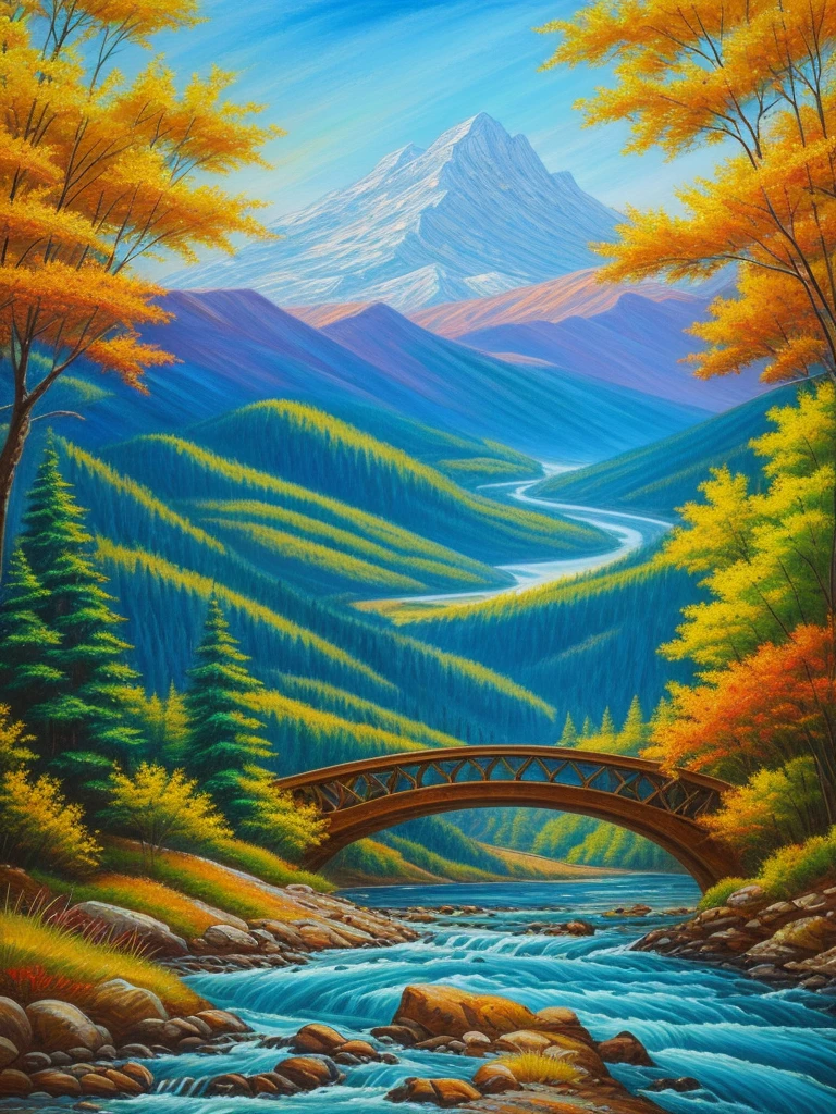 A beautiful 4k oil Pastel painting of a mountain landscape with a river and bridge, featuring a dream scenery and fantasy landscape, showcasing the artist's style.