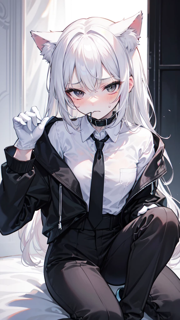 A 18-year-old boy, white and tender skin, cute, wearing white long-sleeved shirt, black jacket and black work tie, black trousers, black booties, white gloves, collar, white hair,wear cat ears, black eyes, thin waist, thin legs, handsome, disdainful and indifferent expression, shy, blush a lot, afraid, sweating, tired, pornography, Pornographic action,Open your mouth,cumming in mouth