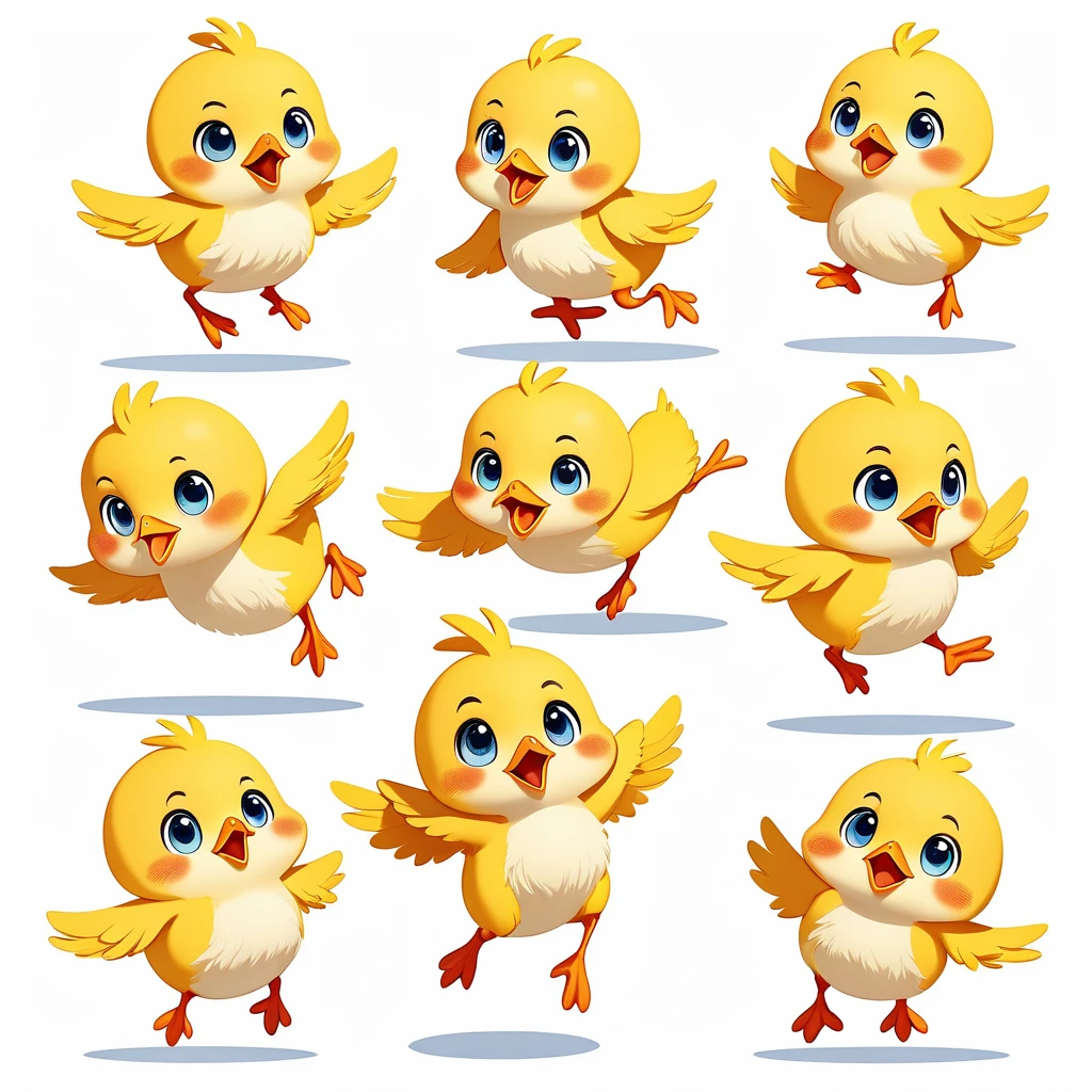 a chick, illustration, flat, cute, children's book, multiple poses and expressions, (isolated white background:1.3), jumping