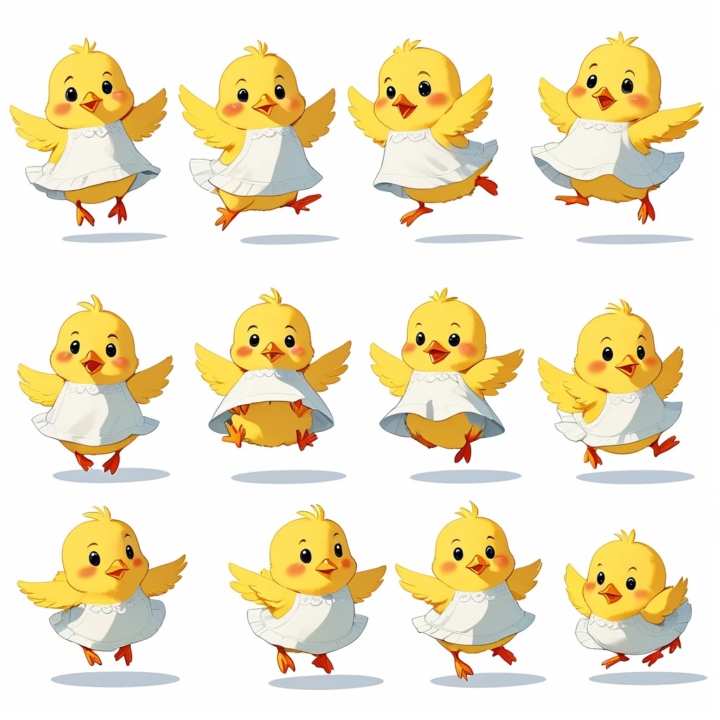 a chick, illustration, flat, cute, children's book, multiple poses and expressions, (isolated white background:1.3), jumping