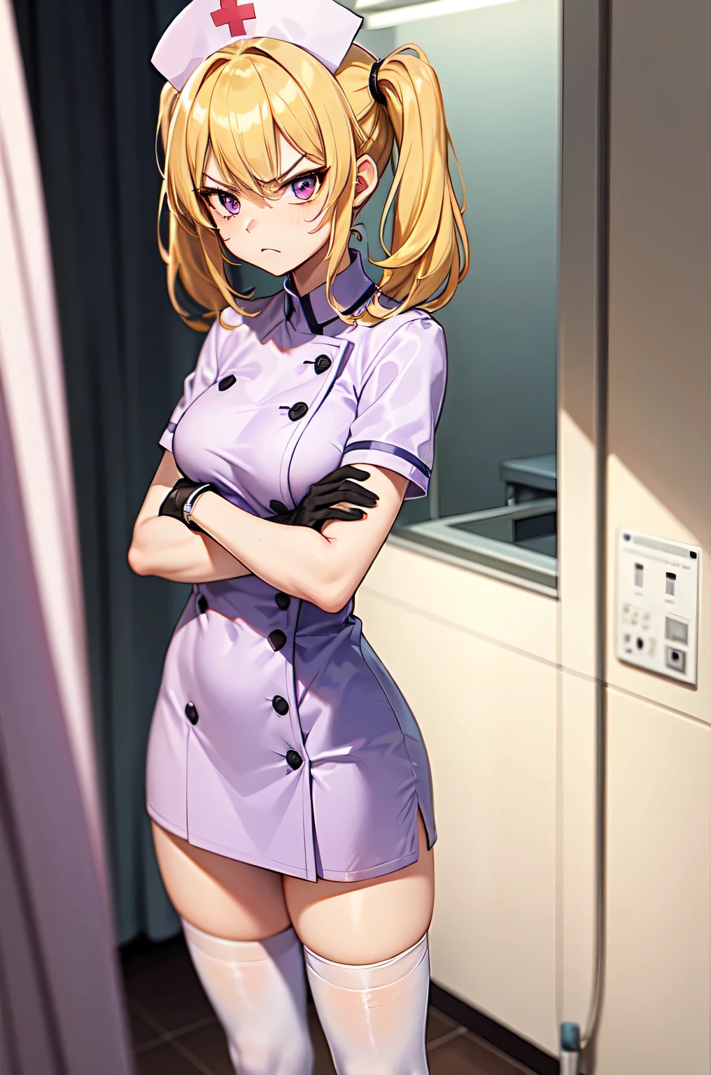 1girl, solo, nurse, nurse cap, white nurse uniform, ((white legwear, zettai ryouiki)), white gloves, twintails, yellow hair, purple eyes, angry, crossed arms, standing, ((hospital room)), sharp outline, short sleeves, best quality, masterpiece