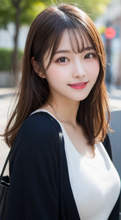 Tabletop, Highest quality, figure, Super detailed, In detail, High resolution, 8k wallpaper, Perfect dynamic composition, Beautiful attention to detail, dress,Medium Hair,  Natural color lip, Random sexy poses,smile,Aoyama Street Walk、20-year-old girl