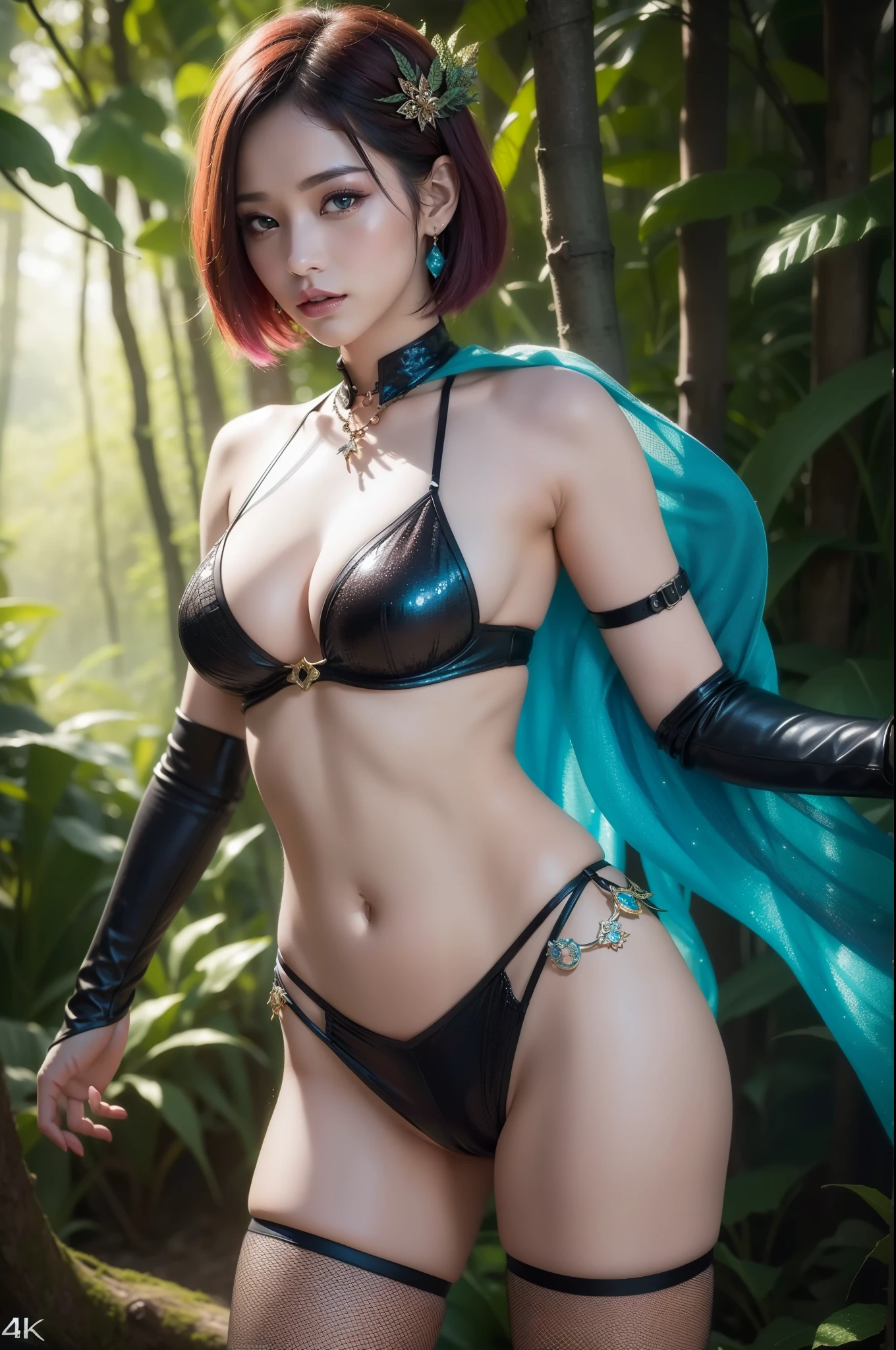 a sexy Thai model with colorful short hair, shiny sparkling dark magic forest background, sparkling poisoned enchanted flower costume, fishnet tights, skull hair accessories, controls poison, secret poison, (best quality,4k,8k,highres,masterpiece:1.2),ultra-detailed,(realistic,photorealistic,photo-realistic:1.37),vibrant colors,dramatic lighting,cinematic,hyper detailed,intricate details,fantasy art,digital painting