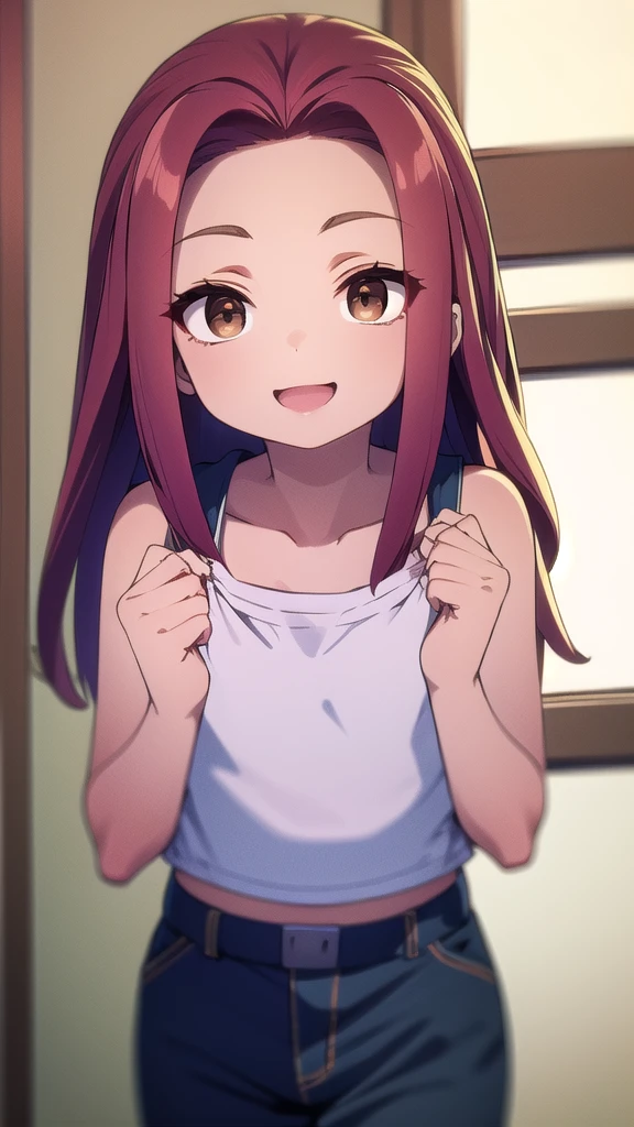 (masterpiece), best quality, high resolution, extremely detailed, detailed background, perfect lighting,(:1.5),brawler, (brown eyes:1.5), female focus, red hair, hair tubes, long hair,(voluminous hair:1.3),t-shirt,panties, collarbone, light smile, joyful eyes, cute pose, BREAK indoors, hot springs, BREAK looking at viewer, (cowboy shot:1.5), BREAK, (masterpiece:1.2), best quality, high resolution, unity 8k wallpaper, (illustration:0.8), (beautiful detailed eyes:1.6), extremely detailed face, perfect lighting, extremely detailed CG, (perfect hands, perfect anatomy), solo, ultra beautiful, hyper-pregnant , short stature, elementary school student, small child: 1.5, flat chest, cropped tanktop 