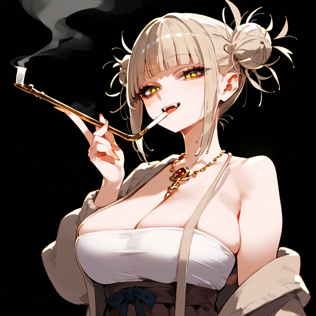 anime artwork, score_9, score_8_up, score_7_up, score_6_up, score_5_up, score_4_up, Himiko toga, big breasts, she is 24 years old, style_3, yellow eyes, black background, smoking pipe, smoking