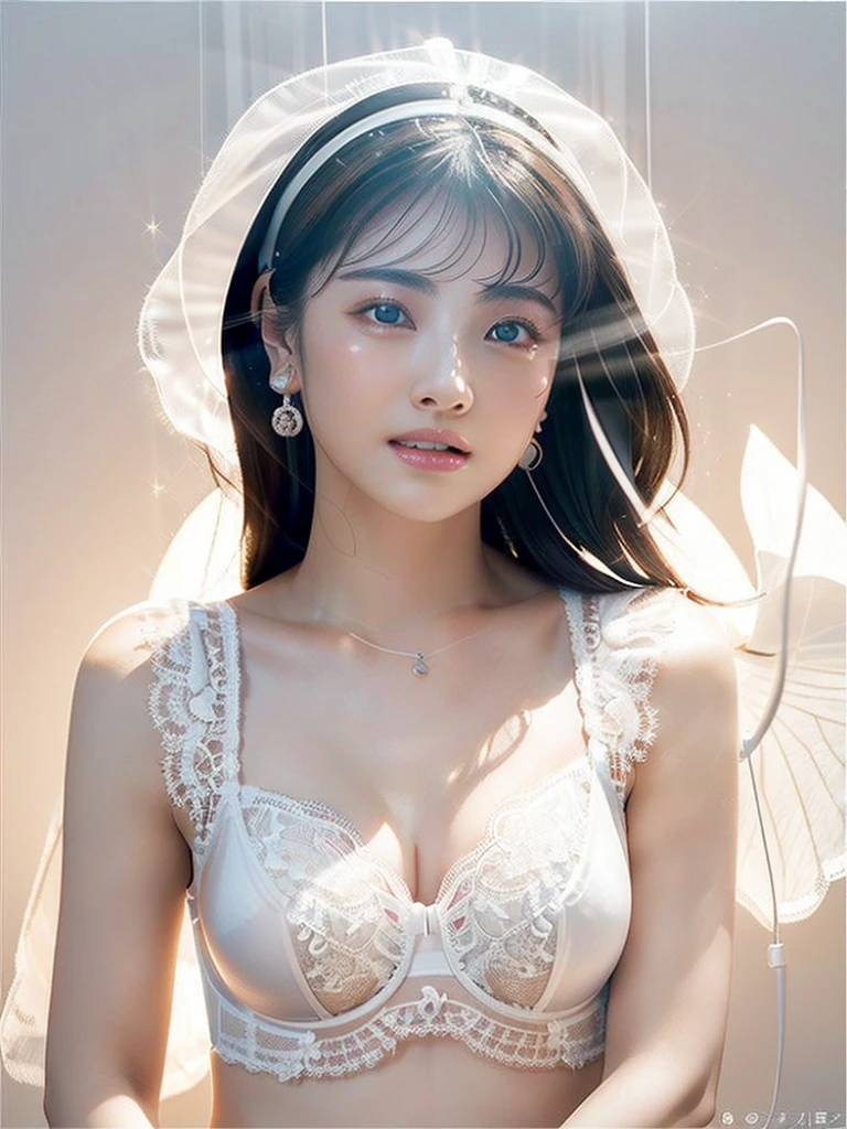 White Background、Professional Lighting、(((Professional Lighting 1.5)))、Translucent skin texture、Beautiful Skin、Beautiful Skin、、(((Whitening 1.5)))、White Bra、See-through、、Ecstasy of Musical Notes、((White Bra1.5))、See-through1.5、Bust up photo、Simple earrings and necklace、Fluttering Hair、