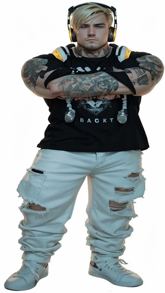 A strong man with fair skin and full body, with short blonde hair, clean shaven, with headphones around the neck, with tattoos on the arm, with a black t-shirt and fashionable low-cut white jeans.