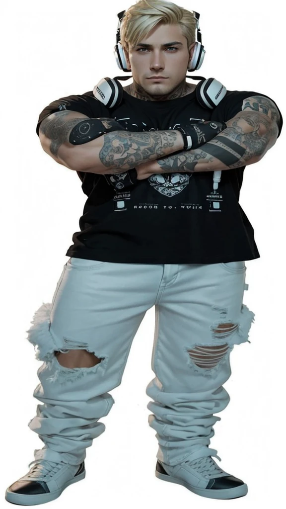 A strong man with fair skin and full body, with short blonde hair, clean shaven, with headphones around the neck, with tattoos on the arm, with a black t-shirt and fashionable low-cut white jeans.