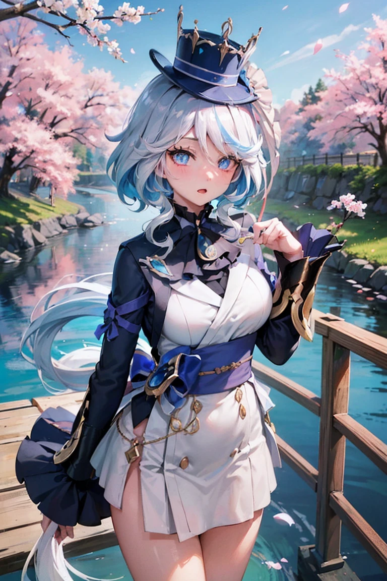 masterpiece, best quality, Extremely detailed, sparkling, Glowing lights, Ray Tracing, HDR, Depth of Field, (Perfect face, Delicate face, Delicate eyes,Perfect hand breasts:0.7),8K,HD,hyper realistic face,Ray Tracing,Perfect lighting,best quality, Extremely detailed, Shining eyes, (Looking at the audience,Open your mouth微笑:1.1), ((1 Girl)), (Mature female:1.4),Cowboy shooting,thigh,Throw,
Forrina,Long hair,Hair covering one eye,((Gradient hair)),Colorful eyes, Gradient eyes, (Glowing eyes:1.5), mascara, (Fashion Makeup), Open your mouth,blush, Medium breasts,Hat Flower,
((Central Japan Countryside,Nihonbashi,Crossing the Bridge,river,Cherry tree,Cherry blossom petals,Deep blue sky,Koi on river)),(Complex background, There are many elements in the background:1.2),((Ultra detailed background)), posture, ((8K wallpaper)),,Show your underwear