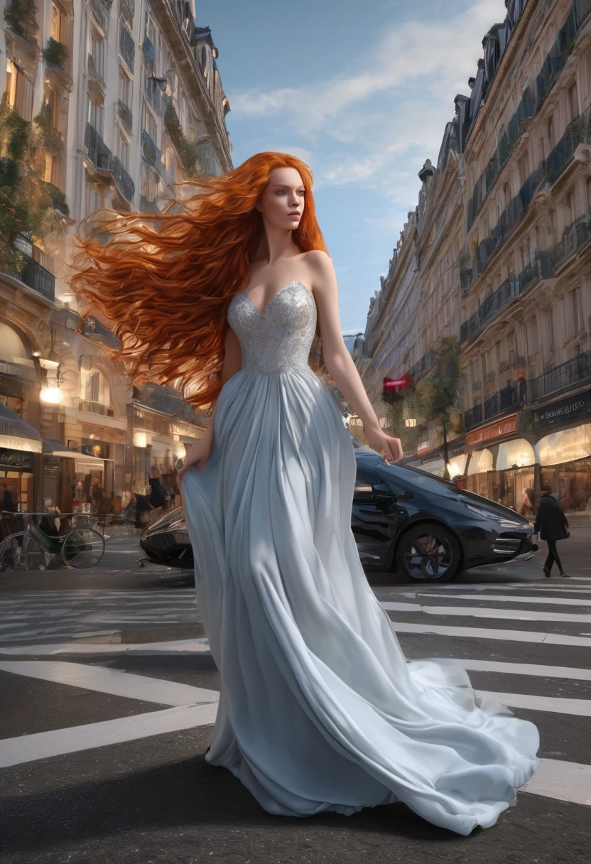 Une sublime femme géante rousse marchant délicatement dans la ville ,(une sublime femme géante plus grande que les immeubles), cheveux longs très détaillés, corps entier, hyper réaliste, super détaillées, macrogts, regard intense, poitrine sublime effet push-up, robe longue de soirée, pose dynamique, très détaillé, hyperréaliste , femme géante plus grande que les immeubles , femme géante, rousse, la nuit ville de lumière