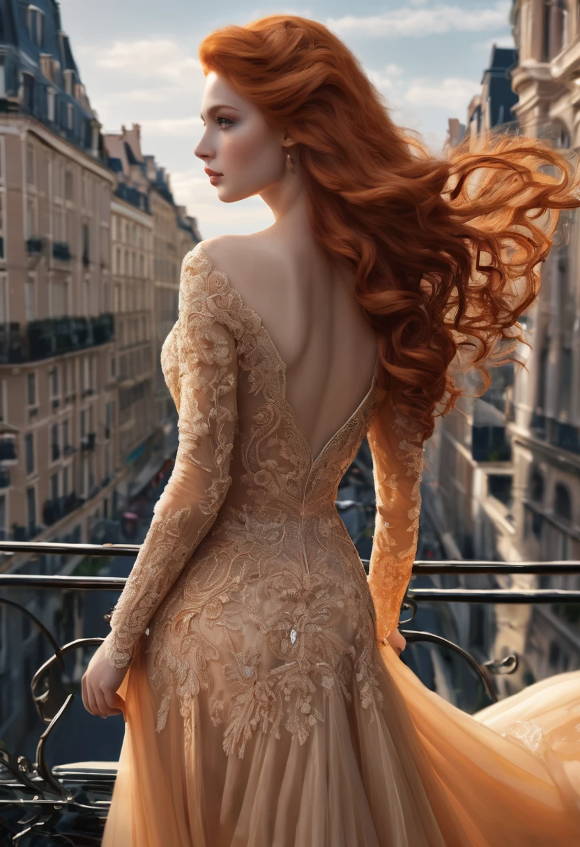 Une sublime femme géante rousse marchant délicatement dans la ville ,(une sublime femme géante plus grande que les immeubles), cheveux longs très détaillés, corps entier, hyper réaliste, super détaillées, macrogts, regard intense, poitrine sublime effet push-up, robe longue de soirée, pose dynamique, très détaillé, hyperréaliste , femme géante plus grande que les immeubles , femme géante, rousse, la nuit ville de lumière