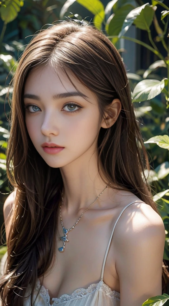 A beautiful girl, Shoulder-length hair, Clear eyes, Smooth hair, Exquisite and perfect facial features, The most beautiful big eyes, Long eyelashes, Sweet eyes and eye bags, pout, Dynamic Angle, Ultimate image quality, Highest precision, Precise and perfect human body, necklace, Break, close up, outdoor, Flowers and plants in the background, Long Shot,
