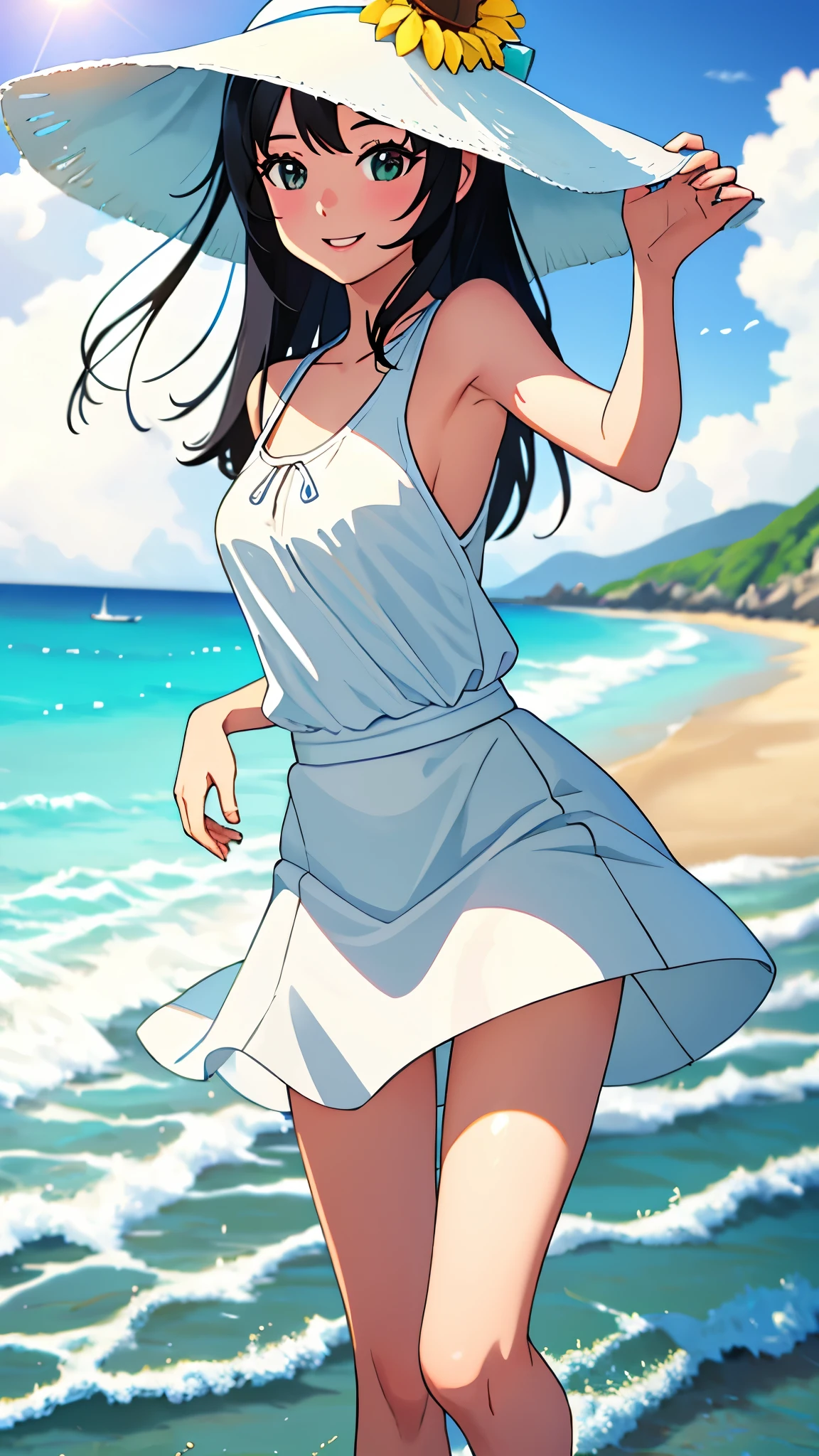 beach, best quality, masterpiece,、beautiful girl、slim、One person、Long Hair、White sleeveless、White dress、The skirt is short、running、A happy smile、口を開けて笑う、
sea beach,Black hair,daysieblurry,Background of bblurry,daysies,,cparted lips,the ocean,Summer daysies,Sun hat,