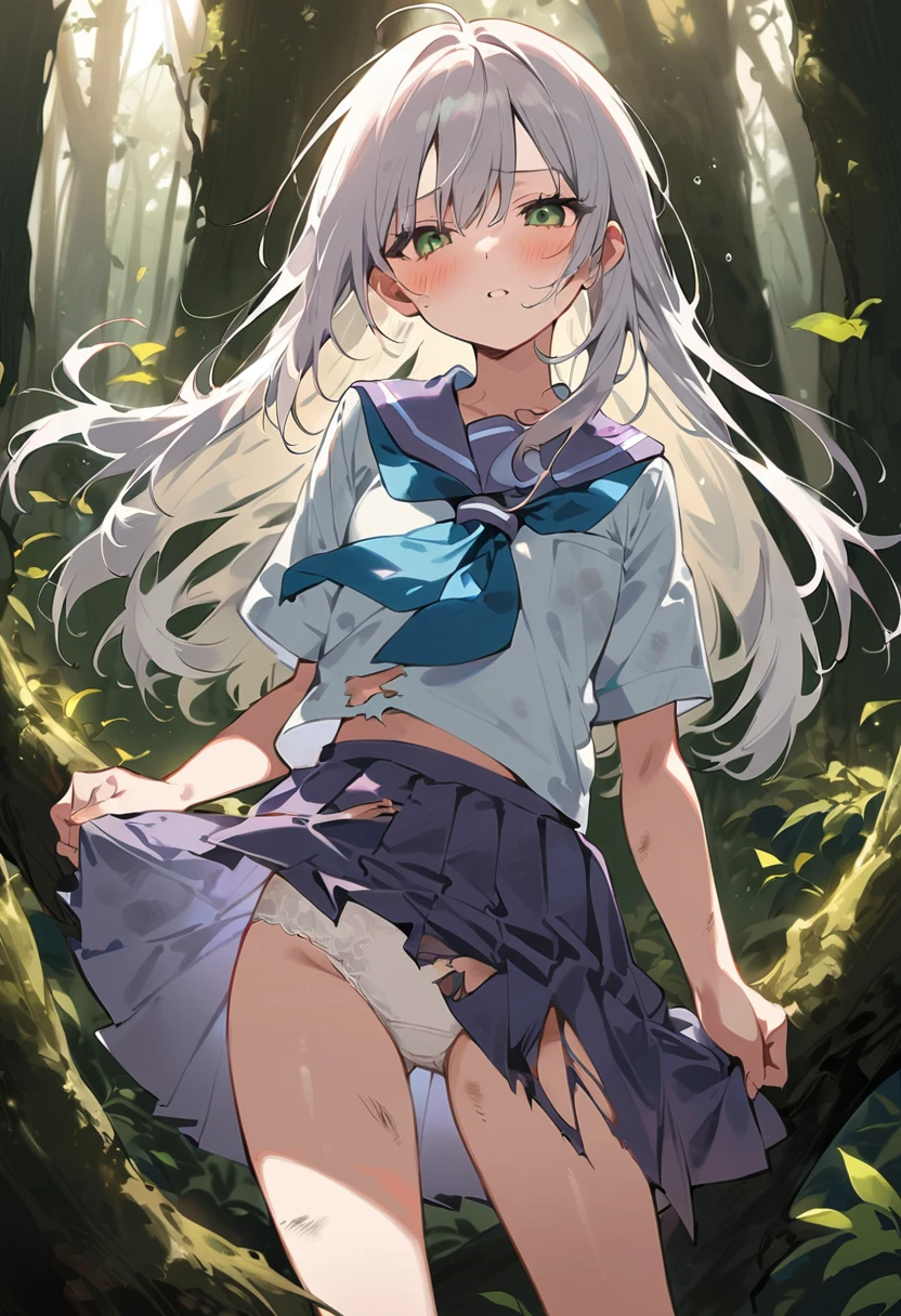 beautiful detailed girl,(masterpiece,best quality,extremely detailed:1.2),((cowboy shot:1.1)),(solo,s old,kawaii,slender,small breasts:1.25),(pained look:0.8),((white underwear) in ((Torn school uniform)):2),(dirty:2),blush,shy,weep,standing,(deep forest:1.5),(hug:0.4),rating: general, newest,Sexy face,(primitive:1.1)