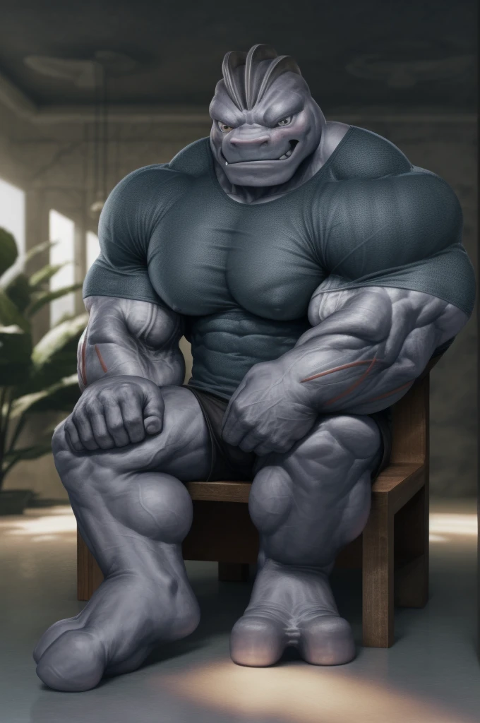 male, solo, full body shot, ((muscular, huge muscles, machoke, (t-shirt))), cute, playful, head turned, loving expression, realistic, dramatic lighting, extremely detailed, CG, 8k wallpaper, highest quality, looking at viewer, adult, muscular, ((5 fingers, 2 toes))), oasis, (((sitting on a chair)))