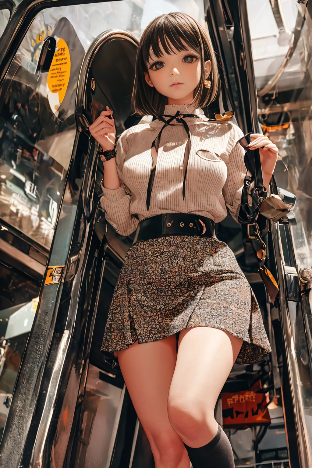 entire plane, Centered image, whole body, Masterpiece, Best Quality,4 girl,, plum_pie eyes, Brown, choppy bob,jealous _face,shiny skin,medium breasts,nice line of legs:1.3,Thighs gruesos, thin waist,, Thighs,tie,((tube skirt)),tawithes altos color rojo, shackles, , Route_street_with_fashion business_cars_posters_people,,looking at the viewer,from below,whole body, legsupsexms,