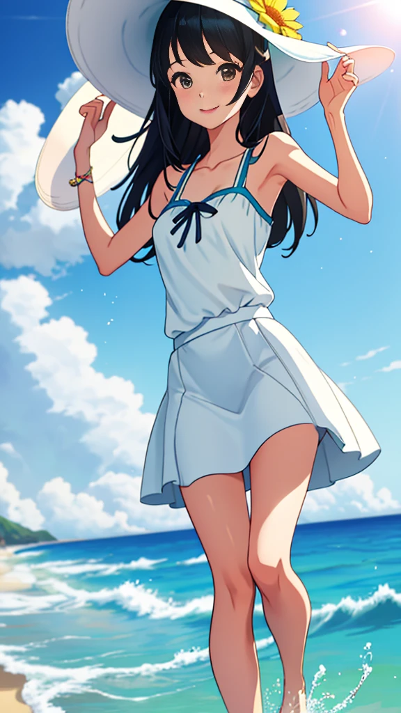 beach, best quality, masterpiece,、beautiful girl、slim、One person、Long Hair、White sleeveless、White dress、The skirt is short、running、A happy smile、口を開けて笑う、
sea beach,Black hair,daysieblurry,Background of bblurry,daysies,,cparted lips,the ocean,Summer daysies,Sun hat,