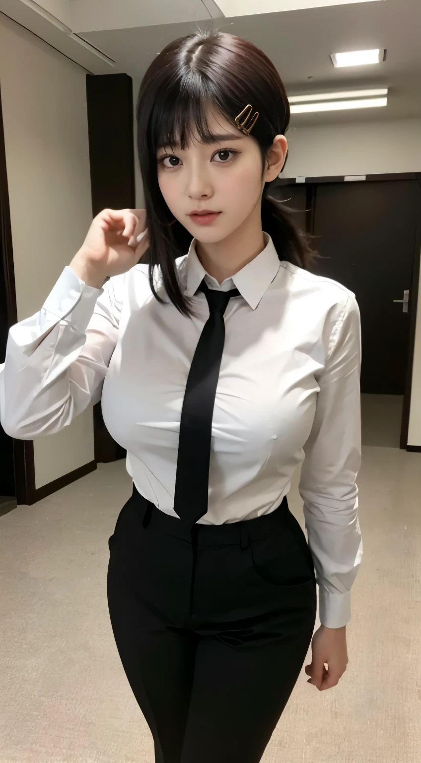 Highest quality、Ultra-high resolution、Professional Lighting、Detailed Background、workroom、full body,Kobeni-chan、A sloppy smile、25-year-old woman、beautiful girl、(Kobeni-chan、Jet black hair, Black Hair, bangs, One-sided hair,)、(Red Hair Clip:1.1)、(White shirt:1.2)+(Black tie:1.2)+(black long pants for work:1.2)、(Huge breasts that look like they might burst:1.2)、(Big thighs:1.1)、Are standing、Model pose