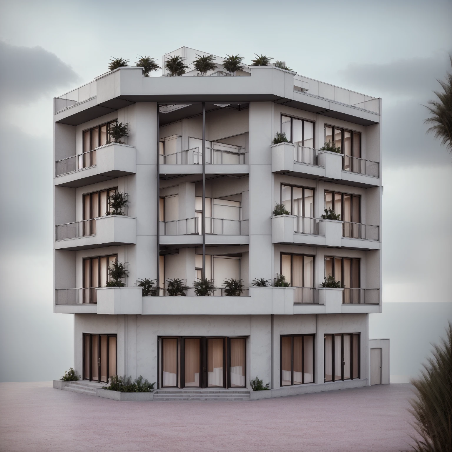 Townhouse in the city, daylight, warm light, (sharp focus) modern style townhouse front, Vietnamese architecture, complementary colors, bright light, no warm atmosphere, High resolution, super detail, 8k, hdr, ,vray render, surreal , exterior design, professional photography, exterior photography, wide angle shot, super detail, interior location real world, signs, cityscapes, sidewalks, vehicles on the ground, cloudy sky. Doors and windows are manufactured by Xingfa. Bancony has many trees, ivy and palm trees. black iron frame. Wooden ceiling, ceiling lights, black iron gate, iron railing, black stone fence, street with sidewalk