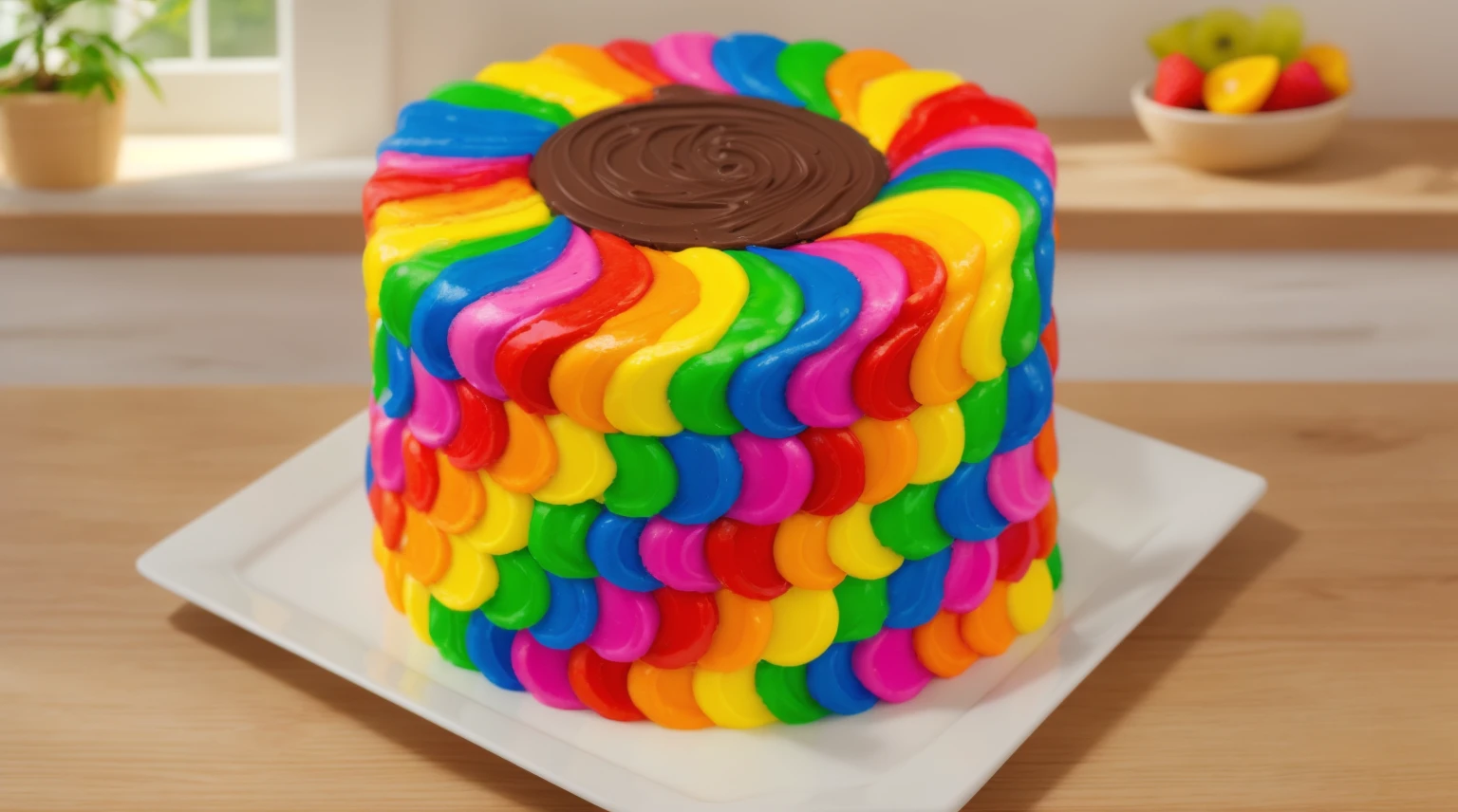 on a wooden table. there is a square white plate. rainbow cream cake. smears of cream in a checkerboard pattern, hole with chocolate drips on top, ((cream highlights)), against the background of the kitchen, window in the background, vases with plants, Fruit basket, Beautiful light from the window, contour light, Multiple light sources, beautiful sunlight, Bright light source, bright lighting, beautiful light sources, Multiple light sources, Realistic style , realistic texture, detailed texture, A high resolution, high quality, macro photography