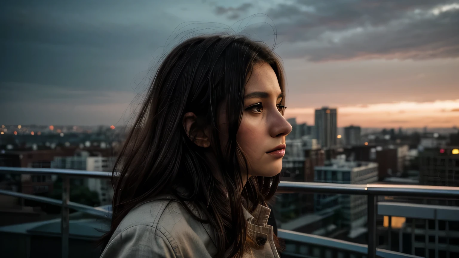 image of a beautiful woman, 27 year old, dark-haired white, staring to the city at dawn, worried and hopeful