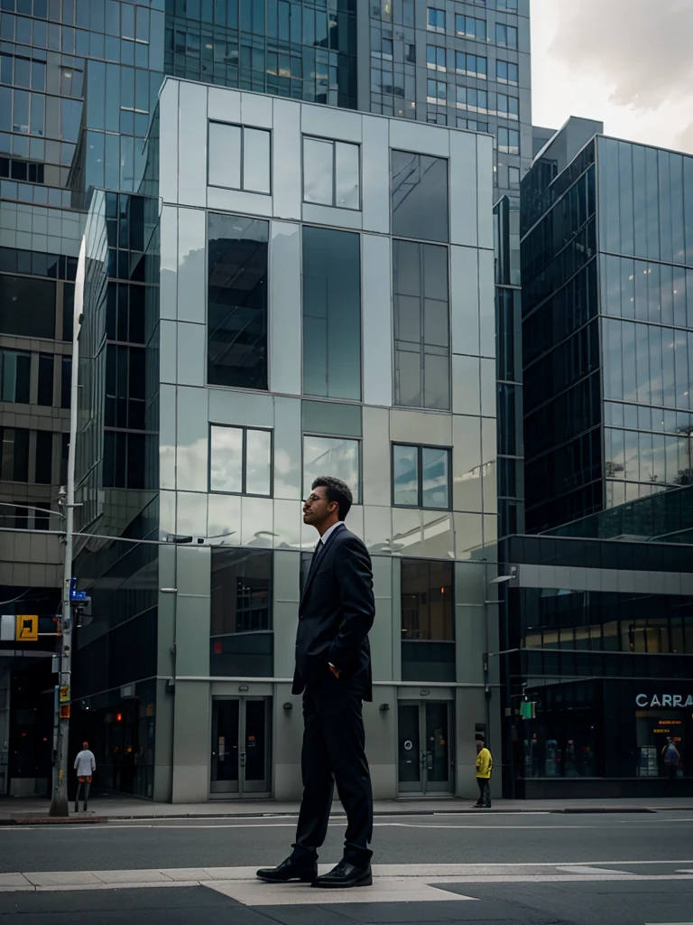 a man stands near a building made of glass panels