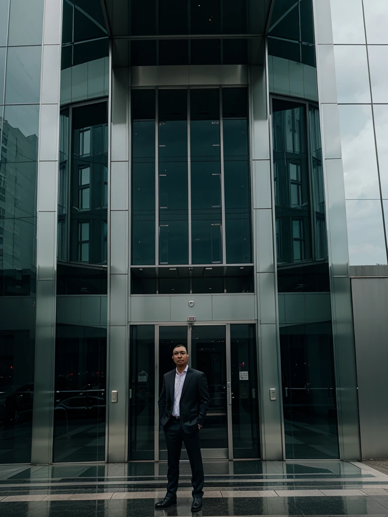 a man stands near a building made of glass panels