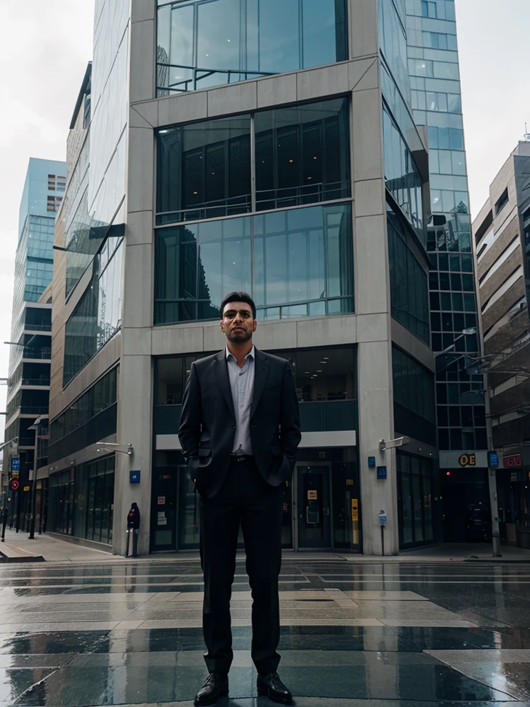 a man stands near a building made of glass panels 