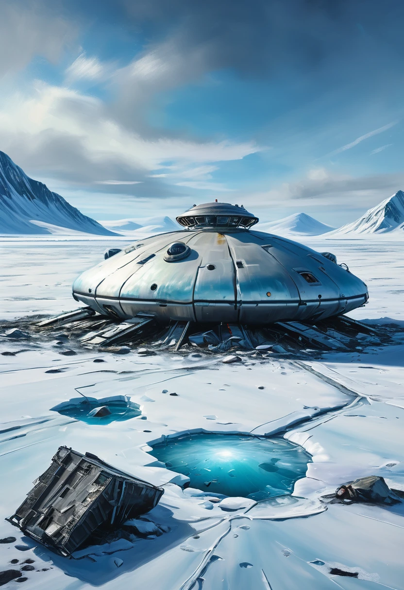 Crashed UFO in the Arctic, oil painting, extreme detail, 4k, hyperrealistic, trending on artstation