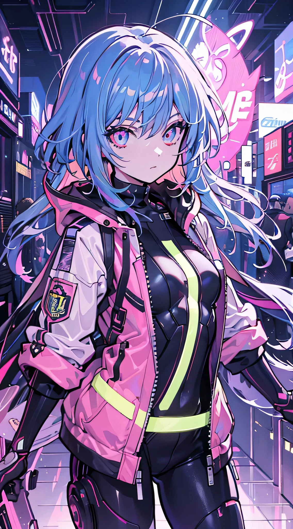 glowing eyes, colourful glowing hair, wearing sci-fi jacket, anime style, high detail, Futurism, glowing light, UHD, retina, masterpiece, ccurate, anatomically correct, textured skin, super detail, high details, high quality, award winning, best quality, highres