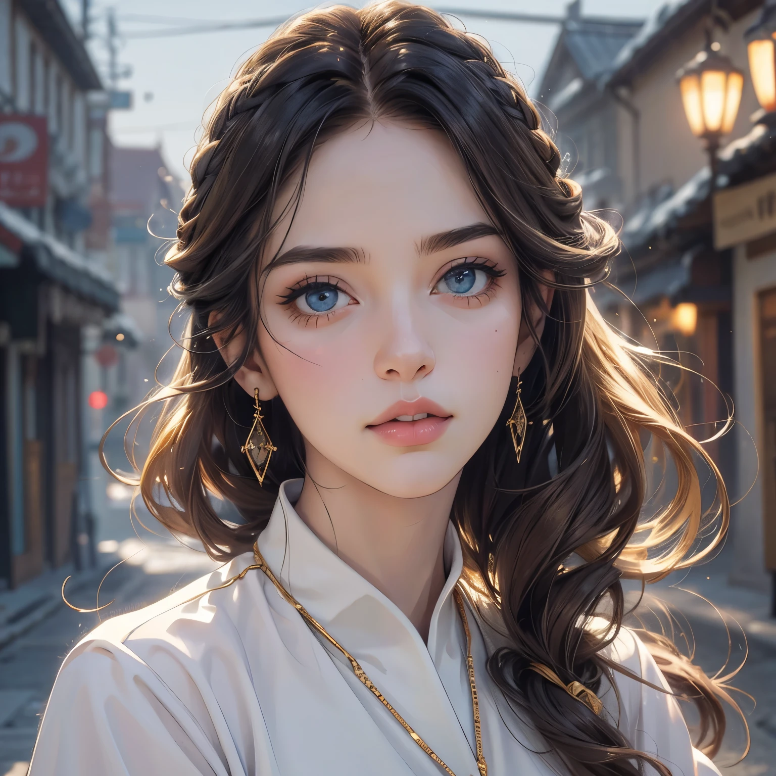 a beautiful young woman, baggy clothes,, city, houses, clouds, clear day intricate jewelry, sparkling hair,, beautiful detailed eyes, beautiful detailed lips, extremely detailed face, long eyelashes, (best quality,4k,8k,highres,masterpiece:1.2),ultra-detailed,(realistic,photorealistic,photo-realistic:1.37),professional,vivid colors,dramatic lighting,cinematic composition,elegant portraiture, gold hair