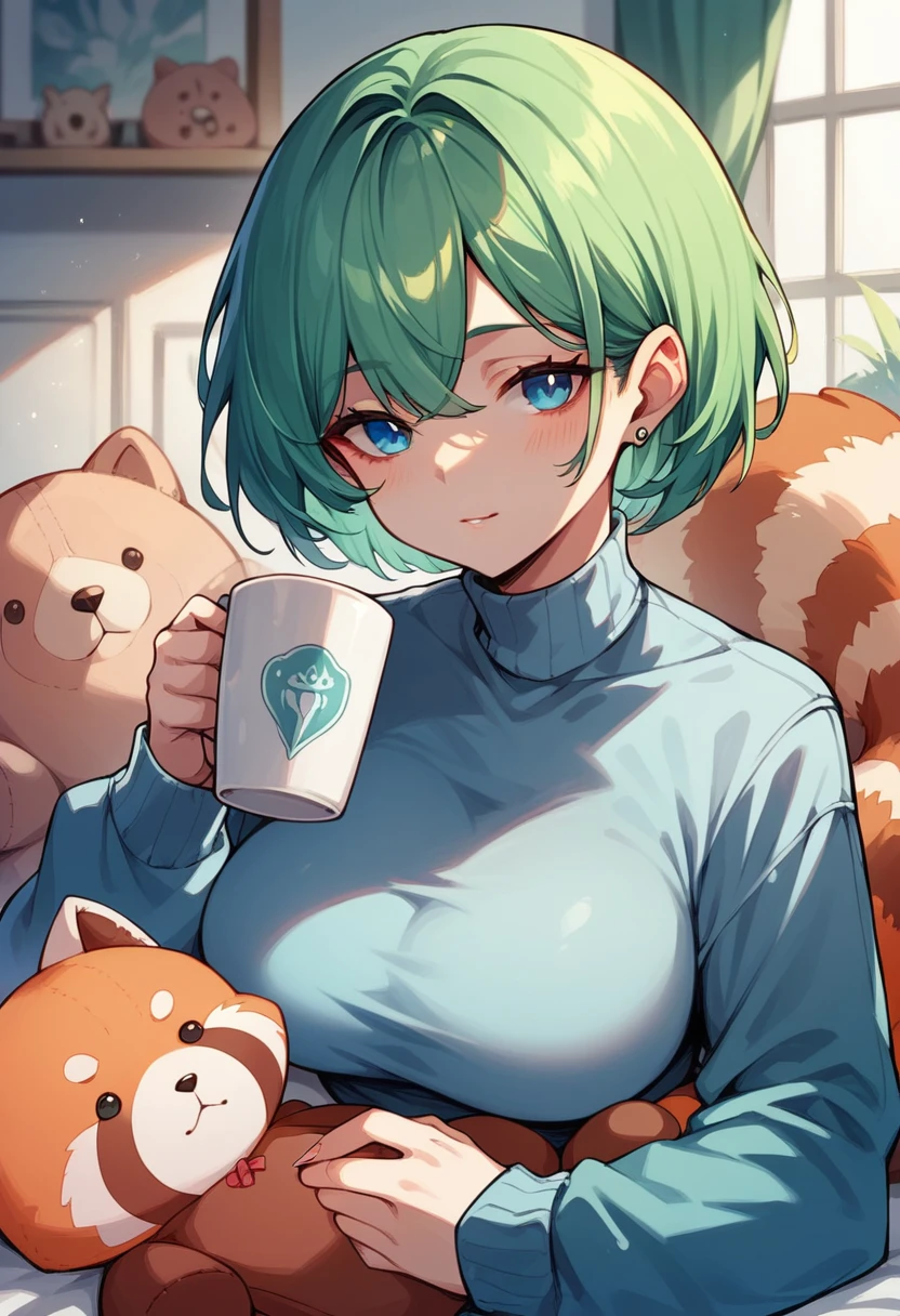 Blue-green hair girl Blue Eyes Short Hair Red panda stuffed toy Second Dimension anime Chivalry An illustration vtuber Beautiful breasts D cup long sleeve Canine