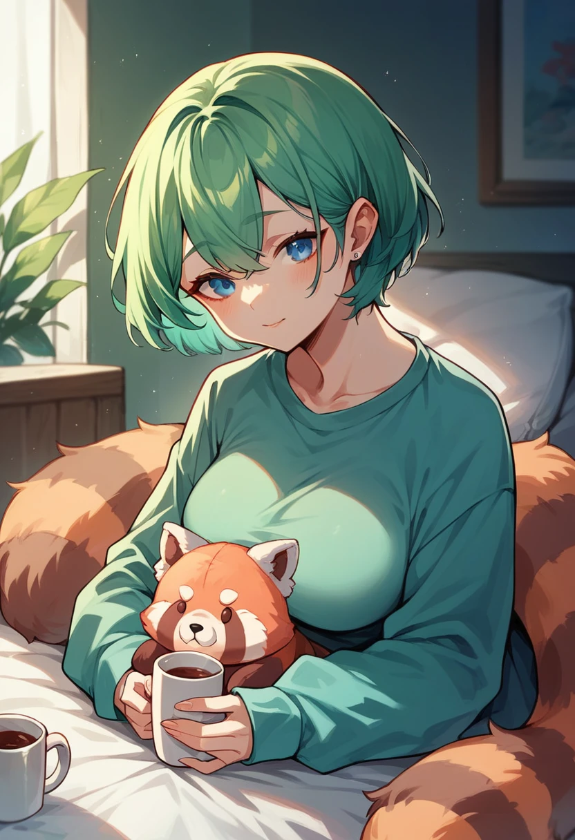 Blue-green hair girl Blue Eyes Short Hair Red panda stuffed toy Second Dimension anime Chivalry An illustration vtuber Big Breasts
