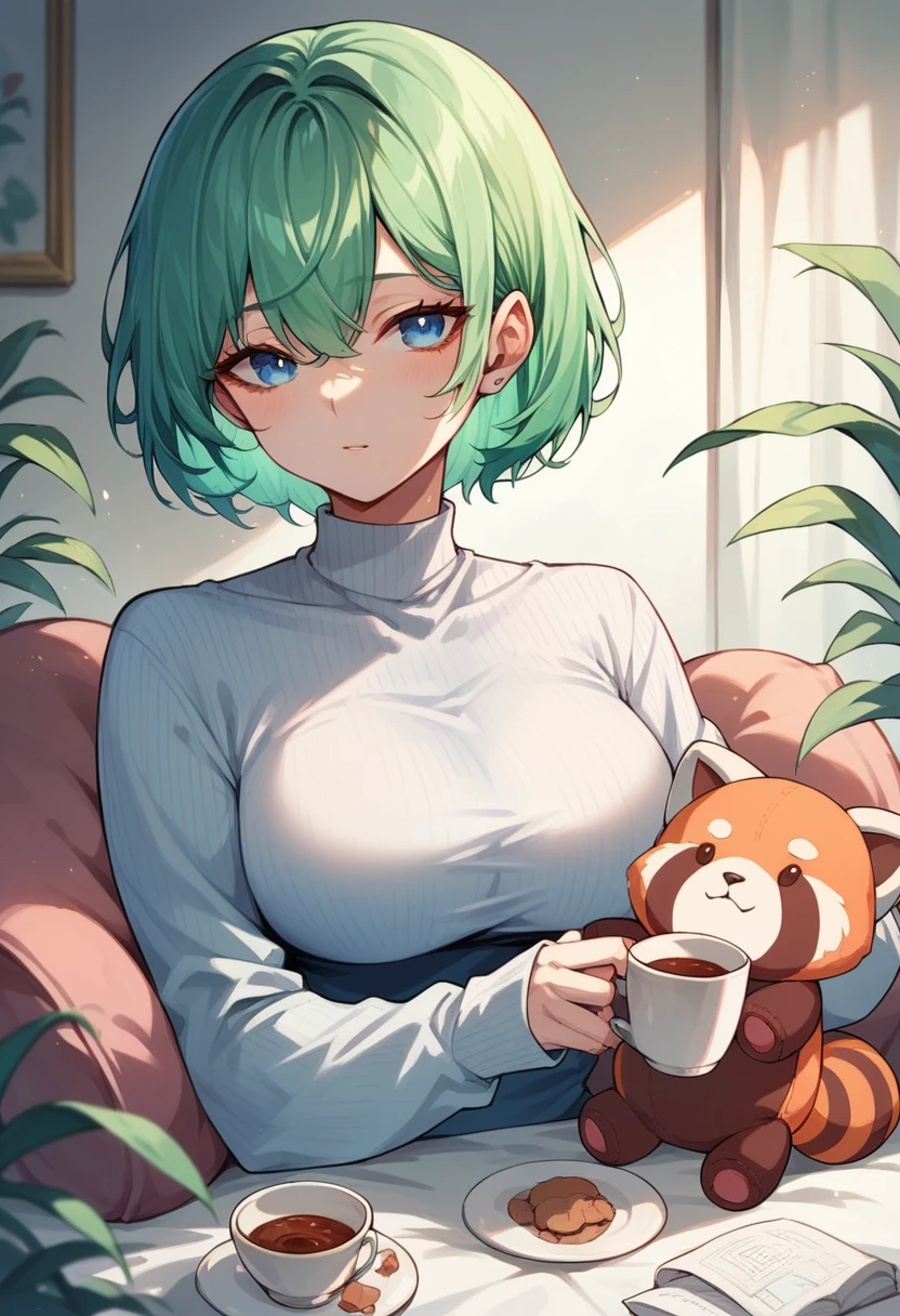 Blue-green hair girl Blue Eyes Short Hair Red panda stuffed toy Second Dimension anime Chivalry An illustration vtuber Beautiful breasts D cup long sleeve Canine